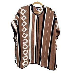 Roman’s Women’s Brown And White Tribal Poncho/Jacket Fully‎ Lined One  Size